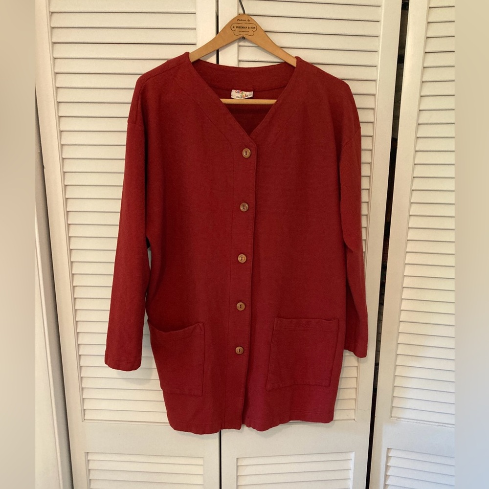 Women's Cotton Colors VNeck Ribbed Red Cotton Button-Up Sweater Patch Pockets OS